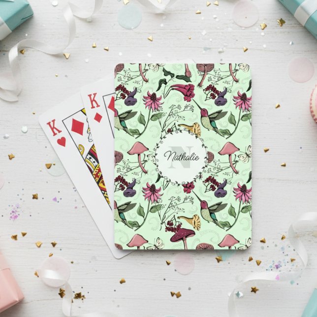 Trendy Green Flowers & Hummingbird Monogram Playing Cards (Floral Hummingbird Playing Cards. Botanical Hummingbirds & Flowers Pattern for Animal & Bird Lovers)