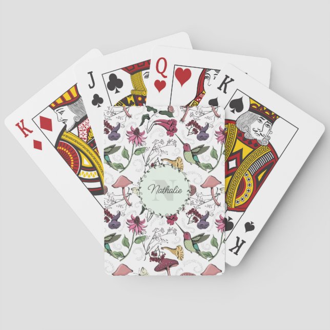 Trendy Green Flowers & Hummingbird Monogram Playing Cards (Back)