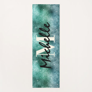 Trendy Green Glitter Monogrammed Aesthetic Yoga Mat