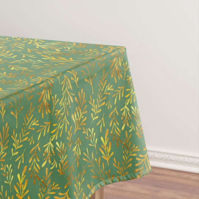 Trendy Green Gold Leaf Fall Autumn Pattern Tablecloth (In Situ)