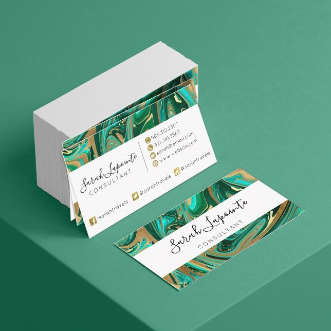 Trendy Green & Gold Liquid Marble Business Card (Creator Uploaded)