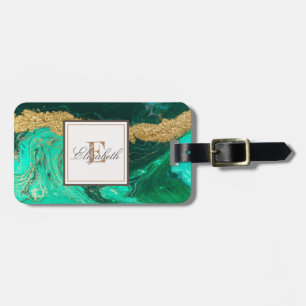 Trendy Green Gold Stone Marble Texture, Monogram Luggage Tag