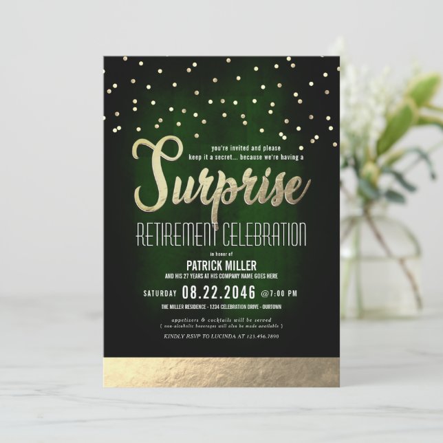 Trendy Green/Gold Surprise Retirement Party Invitation (Standing Front)