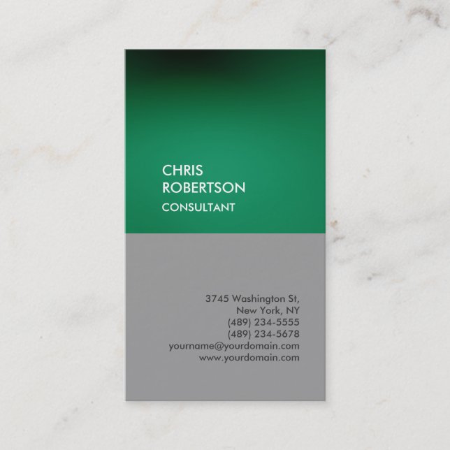 Trendy green grey vertical unique business card (Front)