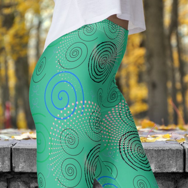 Trendy Green Hypnotic Swirls Pattern Leggings (Hypnotic Swirls on Green)