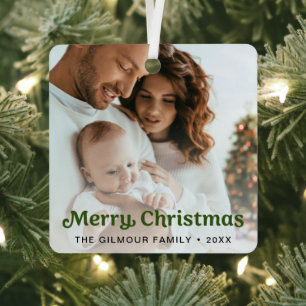 Trendy Green Merry Christmas Family Photo Metal Tree Decoration
