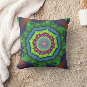 Trendy Green, Orange and Blue Fractal Cushion