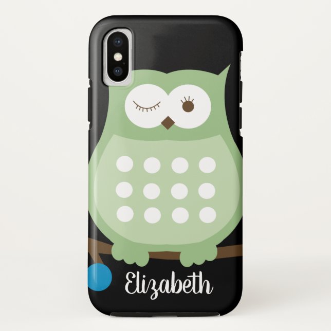 Trendy Green Owl w/ Name Cell Phone Case (Back)