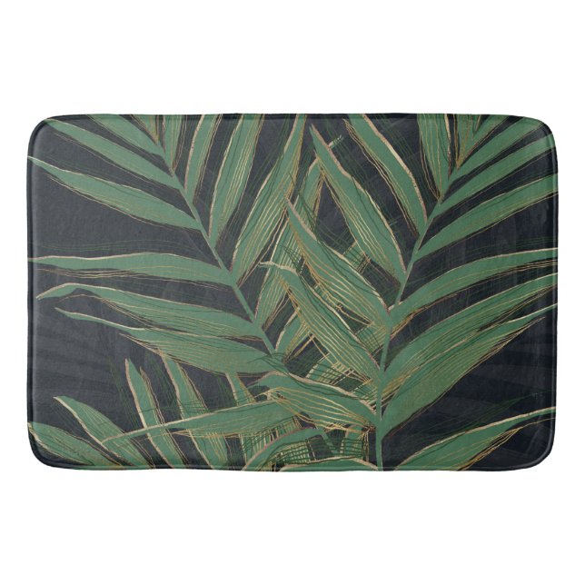 Trendy Green Palm Leaves Gold Strokes Grey Design Bath Mat (Front)