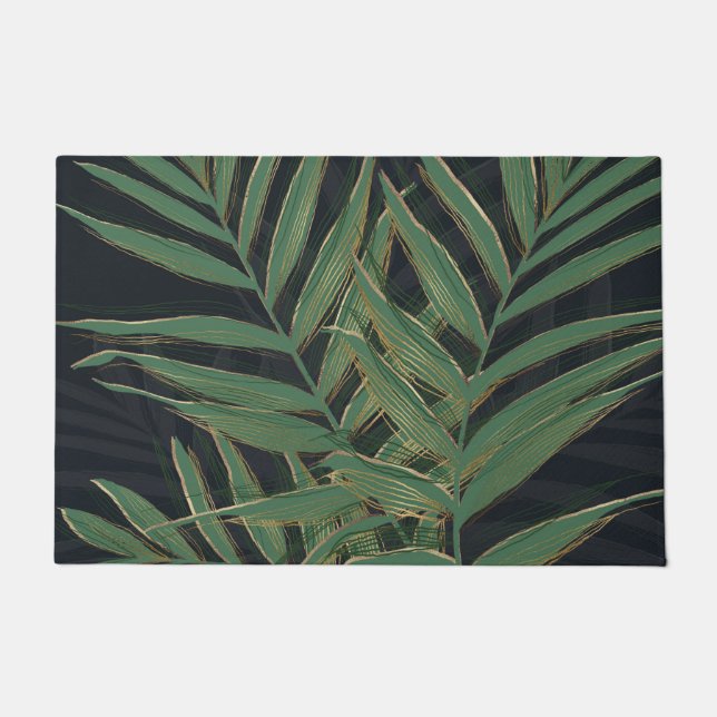 Trendy Green Palm Leaves Gold Strokes Grey Design Doormat (Front)