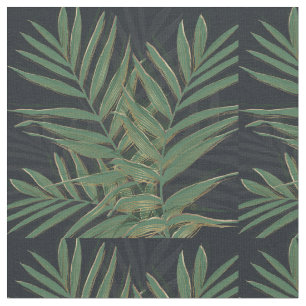 Trendy Green Palm Leaves Gold Strokes Grey Design Fabric