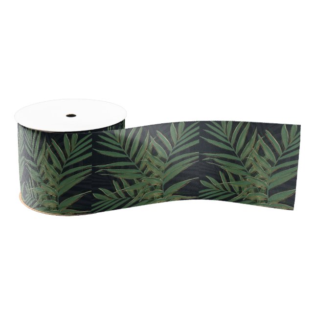 Trendy Green Palm Leaves Gold Strokes Grey Design Grosgrain Ribbon (Spool)