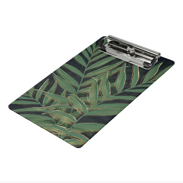 Trendy Green Palm Leaves Gold Strokes Grey Design Mini Clipboard (Angled3)