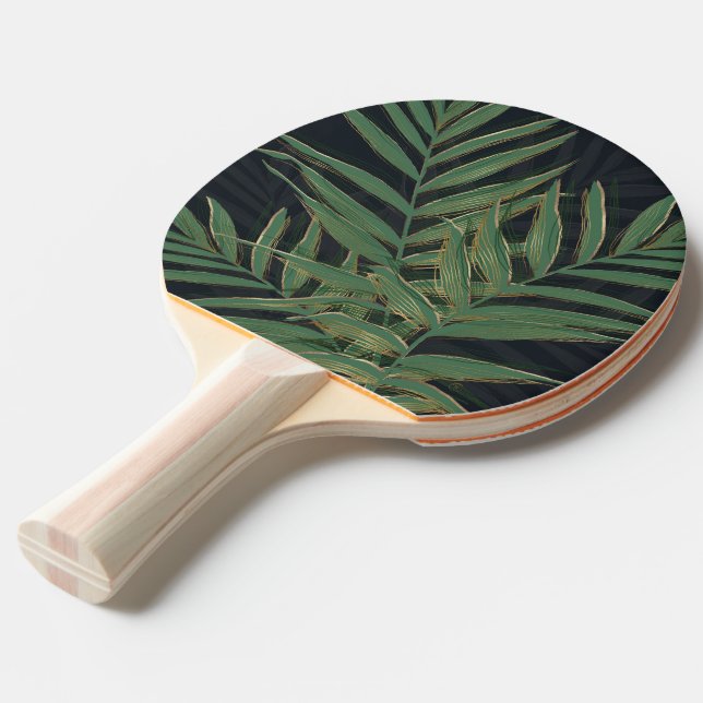 Trendy Green Palm Leaves Gold Strokes Grey Design Ping Pong Paddle (Front Angle)