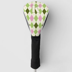 Trendy Green & Pink Argyle Pattern Modern Monogram Golf Head Cover