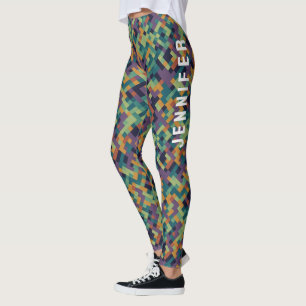 Trendy Green Pixel Art Name And Abstract Pattern Leggings