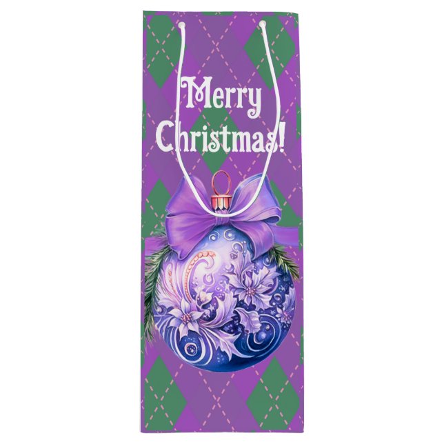 Trendy Green Purple Plaid Christmas Ornament Wine Gift Bag (Front)