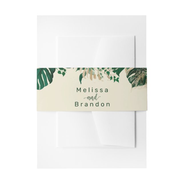Trendy Green Tropical Leaves with Names Wedding Invitation Belly Band (Front Example)