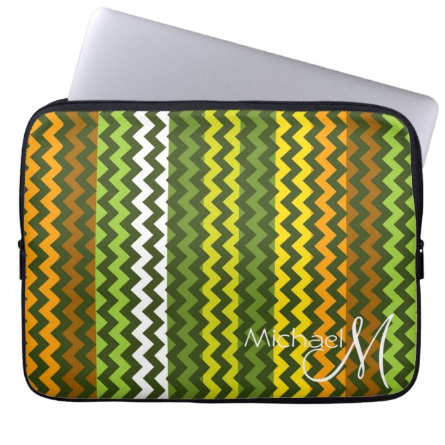 Trendy Green Yellow Chevron Zigzag Custom Monogram Laptop Sleeve (Front)