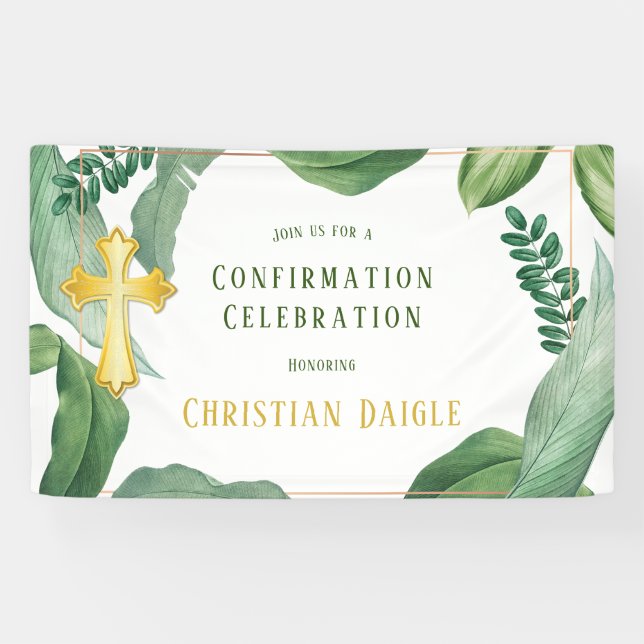 Trendy Greenery And Gold Cross Confirmation Banner (Horizontal)