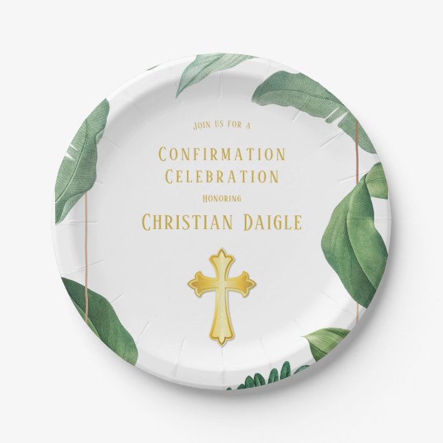 Trendy Greenery And Gold Cross Confirmation Paper Plate (Front)