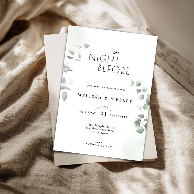 Trendy Greenery Eucalyptus Rehearsal Dinner Invitation (The night before rehearsal dinner with floral eucalyptus details.)