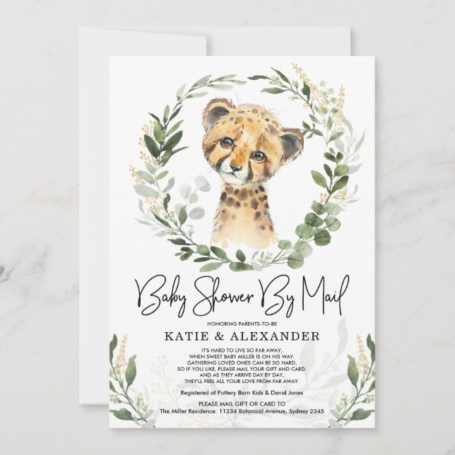Trendy Greenery Gold Baby Leopard Shower By Mail Invitation (Front)