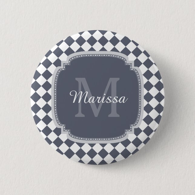 Trendy Grey and White Checked Monogrammed Name 6 Cm Round Badge (Front)