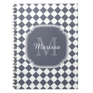 Trendy Grey and White Checked Monogrammed Name Notebook