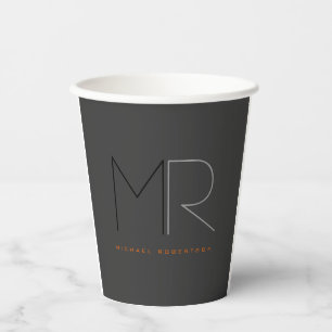 Trendy Grey Black Monogram Plain  Paper Cups