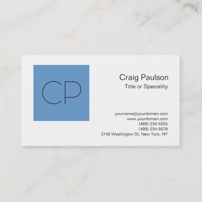 Trendy Grey Blue White Monogram Business Card (Front)