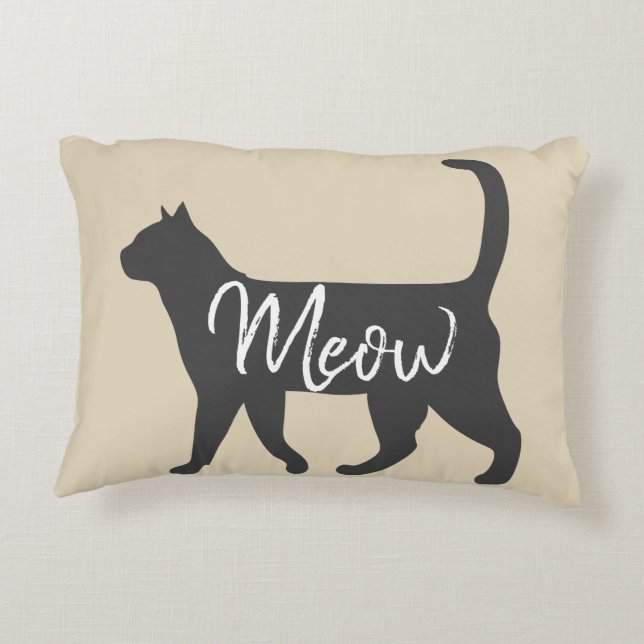 Trendy Grey Cat Silhouette & Taupe Meow Decorative Cushion (Back)