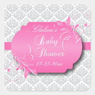 Trendy Grey Damask and Pink for a Baby Shower Square Sticker