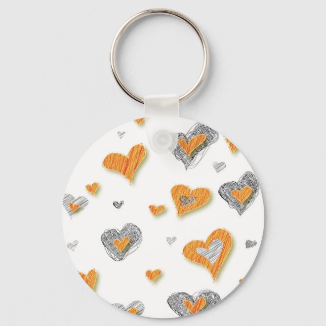 Trendy grey orange heart scribble pattern gifts key ring (Front)