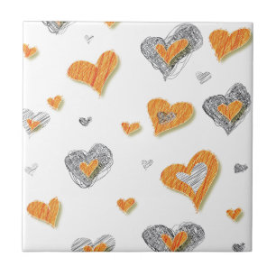 Trendy grey orange heart scribble pattern gifts tile