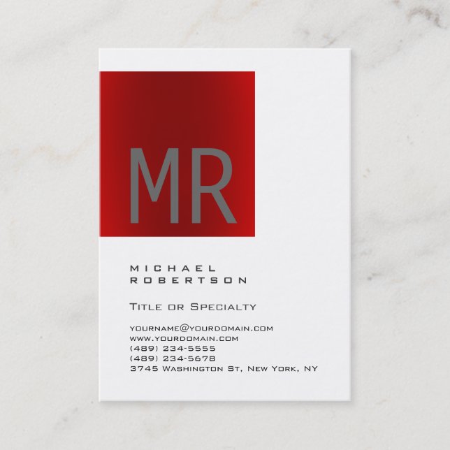 Trendy Grey Red Monogram White Business Card (Front)