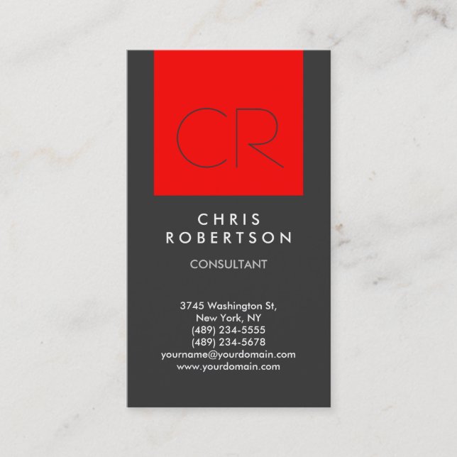 Trendy Grey Red Stripe Monogram Business Card (Front)