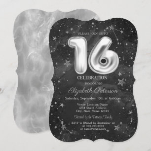 Trendy Grey Stars Sweet 16 Invitation