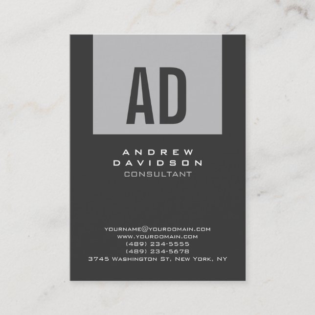 Trendy Grey Stripe Monogram Business Card (Front)