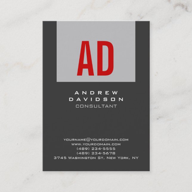 Trendy Grey Stripe Red Monogram Business Card (Front)