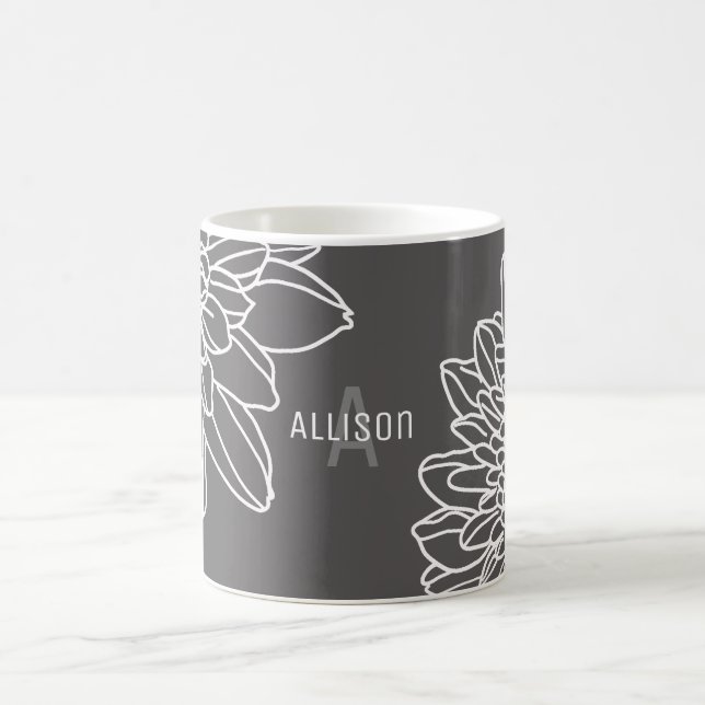 Trendy Grey White Flowers Name Initial Coffee Mug (Center)