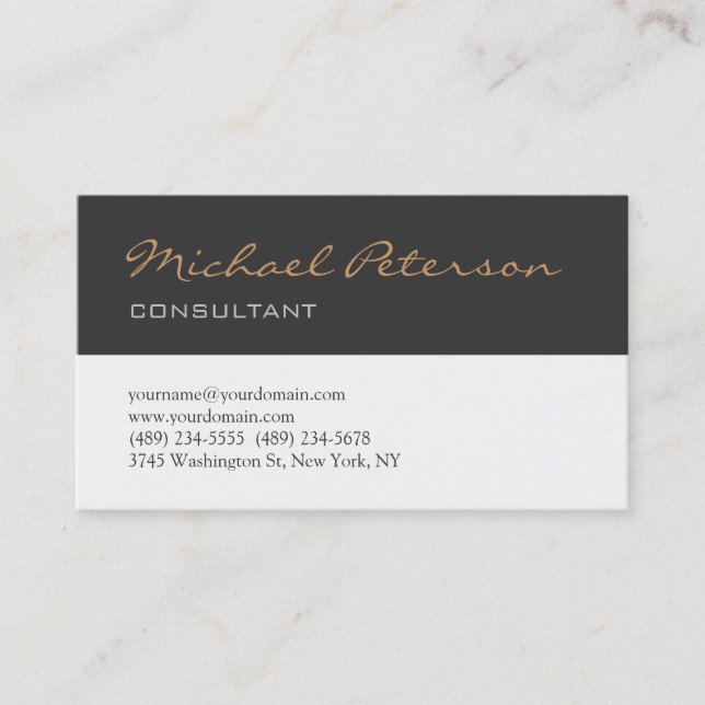 Trendy Grey White Script Consultant Business Card (Front)
