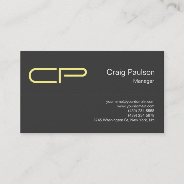 Trendy Grey Yellow Chic Monogram Business Card (Front)