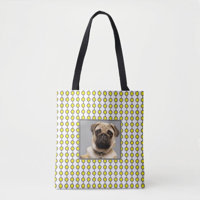 Trendy Grey Yellow Geometric Pattern and Pet Photo Tote Bag (Front)