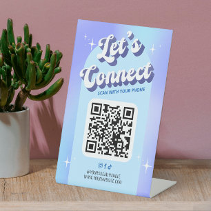 Trendy Groovy Holographic Let's Connect QR Code Pedestal Sign