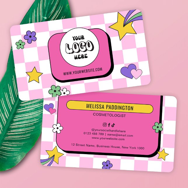 Trendy Groovy Logo Retro Pink Lashes Nails Salon Business Card (Trendy groovy pink business cards with retro font and pink checkered background and your logo)