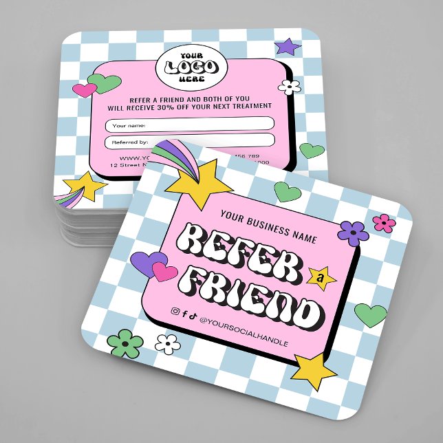 Trendy Groovy Retro Logo Blue Pink Refer A Friend Referral Card (Retro style Refer a Friend business cards featuring groovy fonts & pastel pink and blue design)