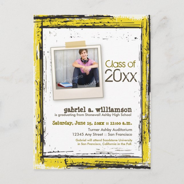 Trendy Grunge Graduation Announcement (yellow) (Front)