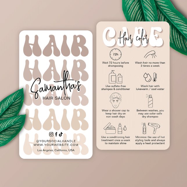 Trendy Hair Colour Aftercare Retro Beige Salon Business Card (Modern beige & white hair care cards for post hair color. Featuring retro fonts and care icons)