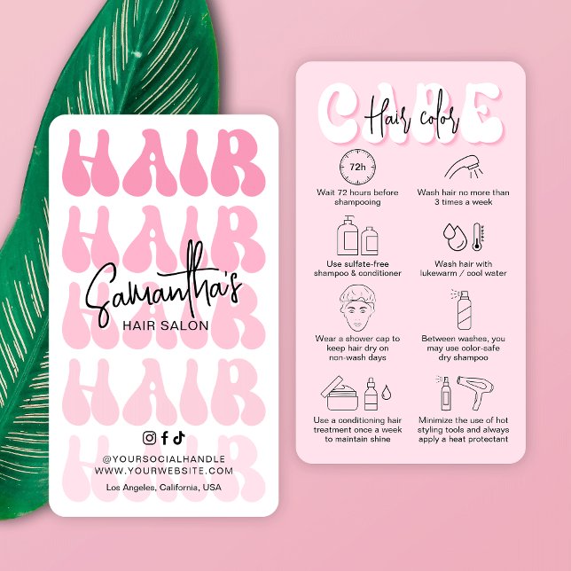 Trendy Hair Colour Aftercare Retro Pink Hairstylis Business Card (Trendy pink hair coloring customer care card with retro fonts and space for your hair salon details)